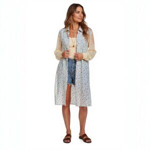 Pol‎ longline printed lace crochet sleeve jacket zips up back buttons front NWOT